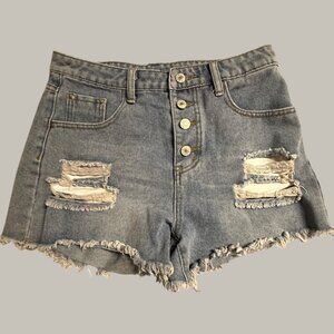 Distressed Denim High-Waisted Button Fly Shorts Frayed Hem Size S